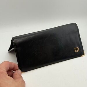 Dunhill Black Leather‎ Long Wallet Gold Accent Designer Card Holder Billfold